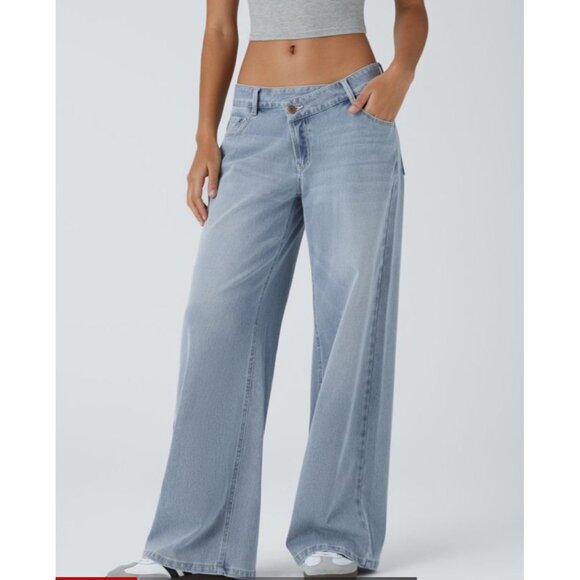 Halara Flex Asymmetric Low Rise Pockets Baggy Wide Leg Washed Casual Jeans Sz Sm - Picture 7 of 12